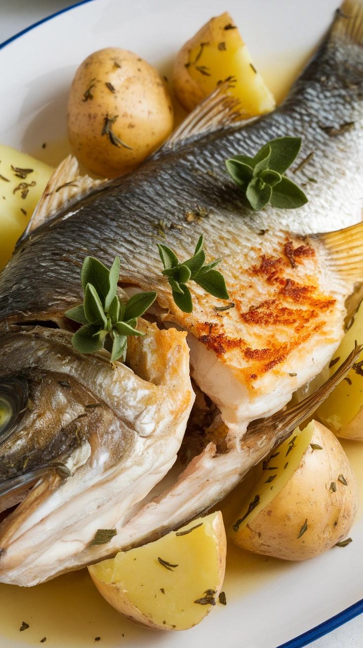 Baked Sea Bass with Potatoes and Oregano