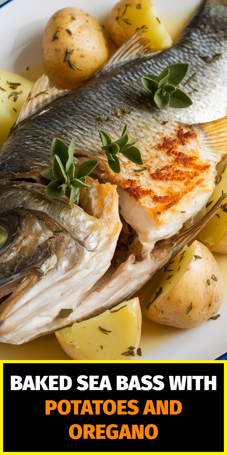 Pinterest Pin for Baked Sea Bass with Potatoes and Oregano