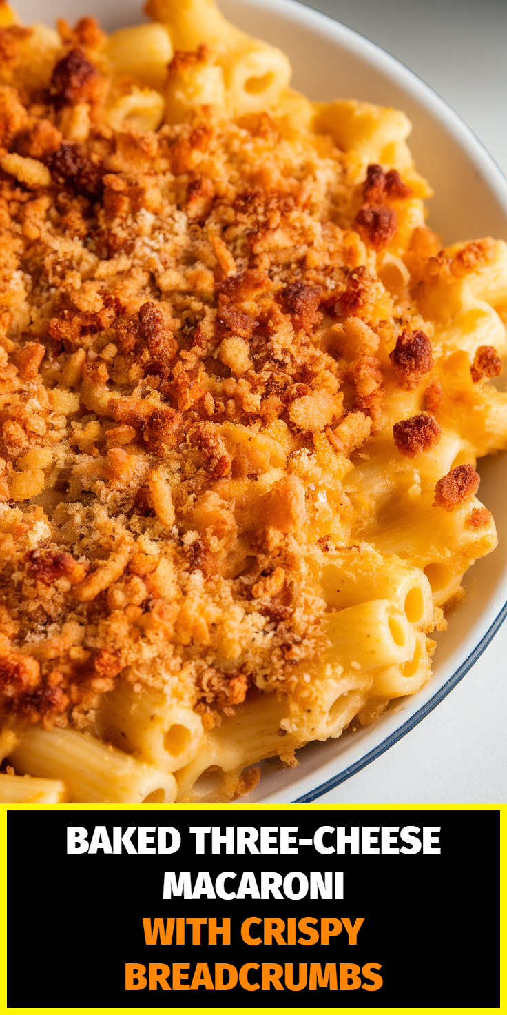 Pinterest Pin for Baked Three-Cheese Macaroni with Crispy Breadcrumbs