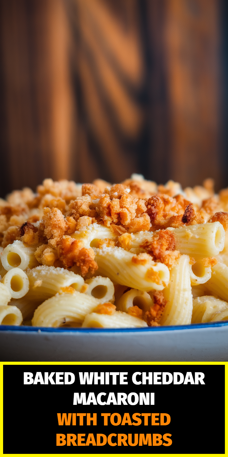 Pinterest Pin for Baked White Cheddar Macaroni with Toasted Breadcrumbs