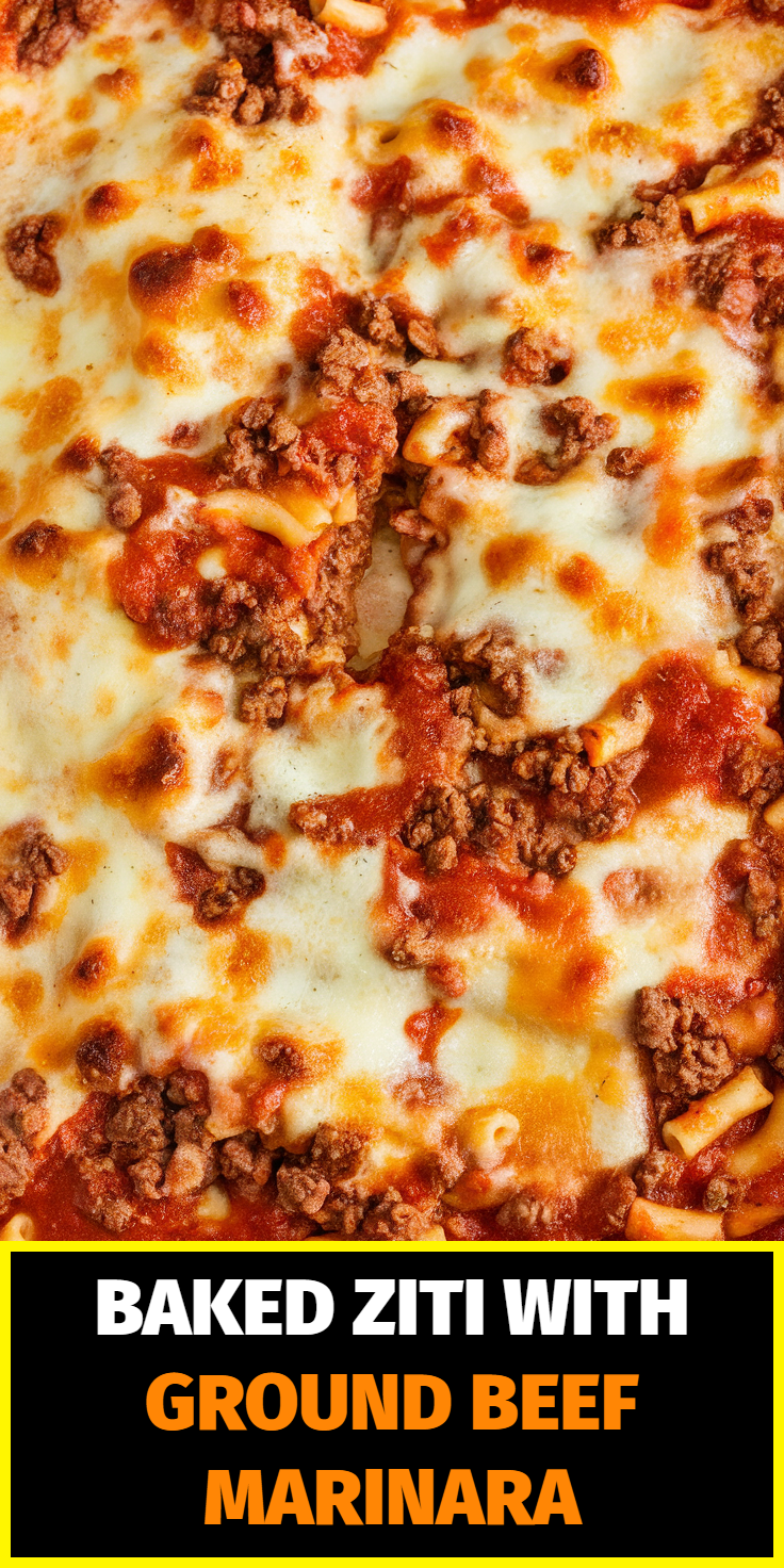 Pinterest Pin for Baked Ziti with Ground Beef Marinara