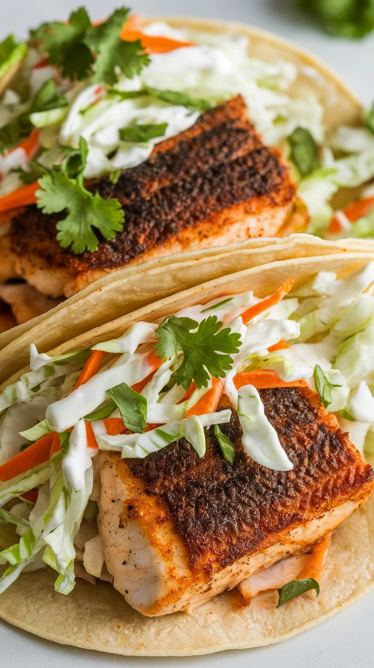Blackened Tilapia Tacos with Greek Yogurt Slaw