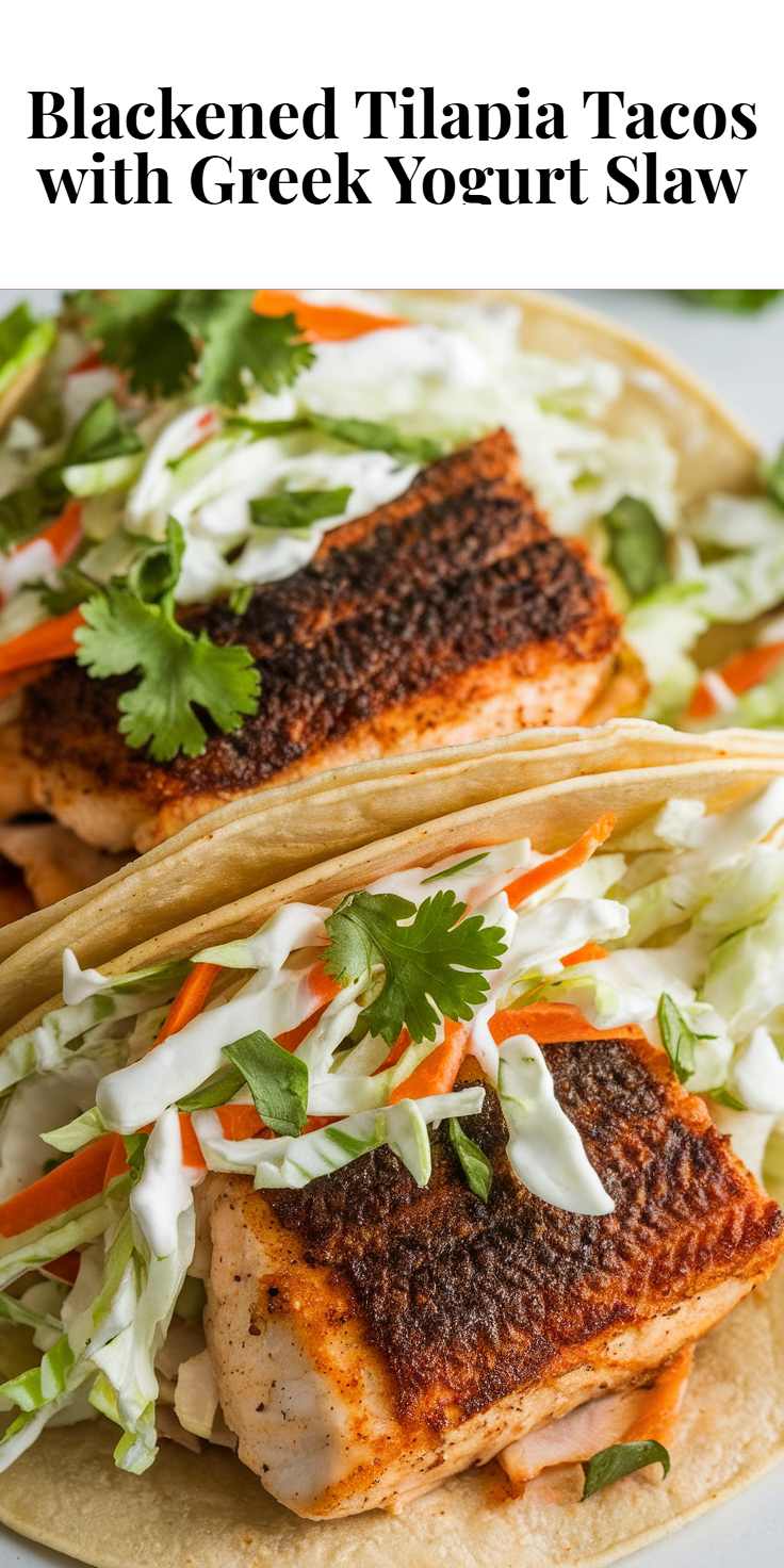 Pinterest Pin for Blackened Tilapia Tacos with Greek Yogurt Slaw