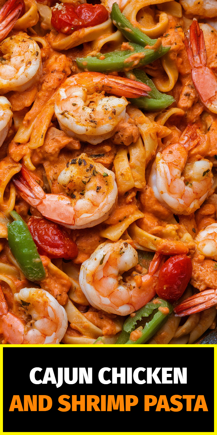 Pinterest Pin for Cajun Chicken and Shrimp Pasta