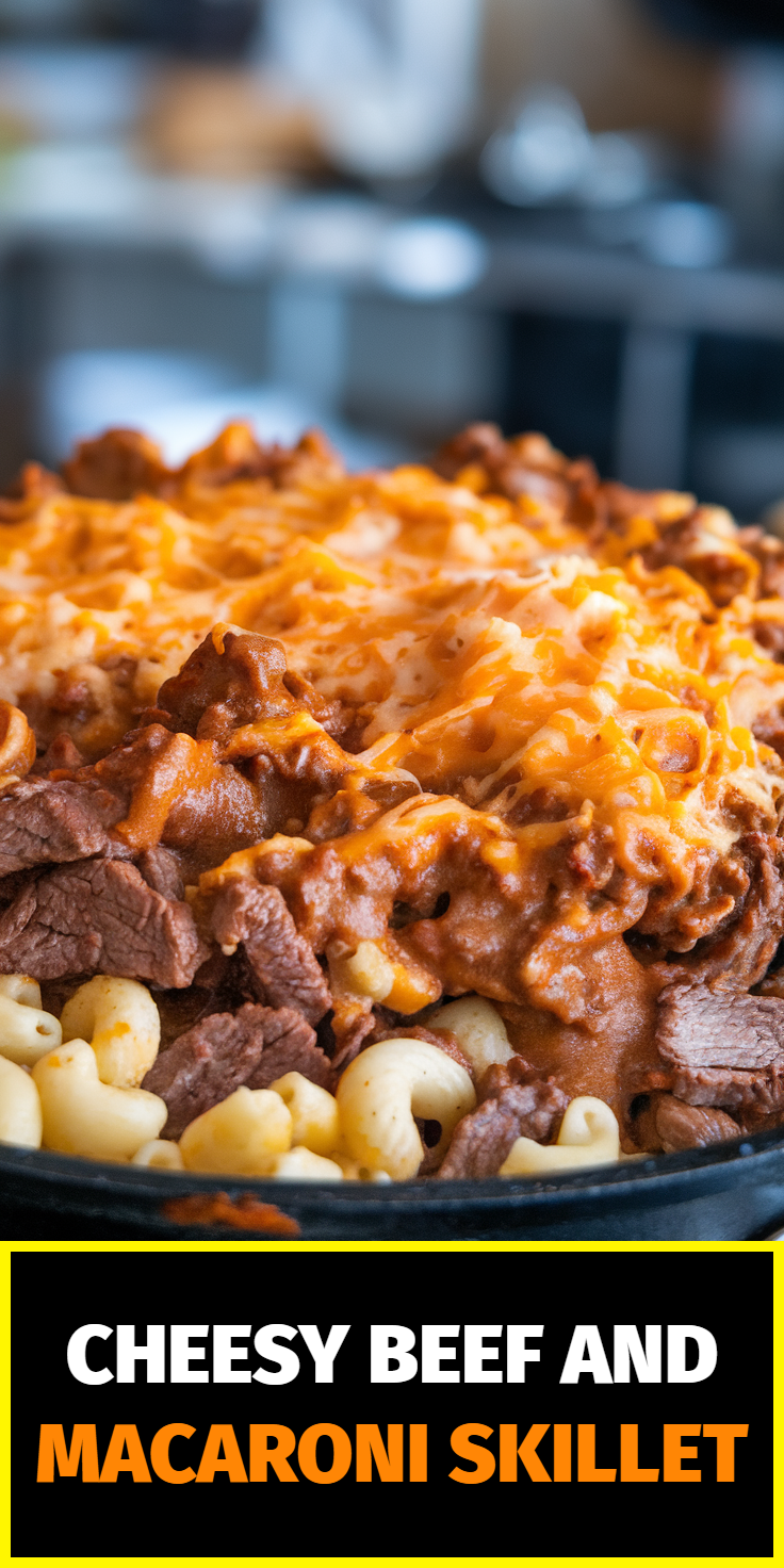 Pinterest Pin for Cheesy Beef and Macaroni Skillet