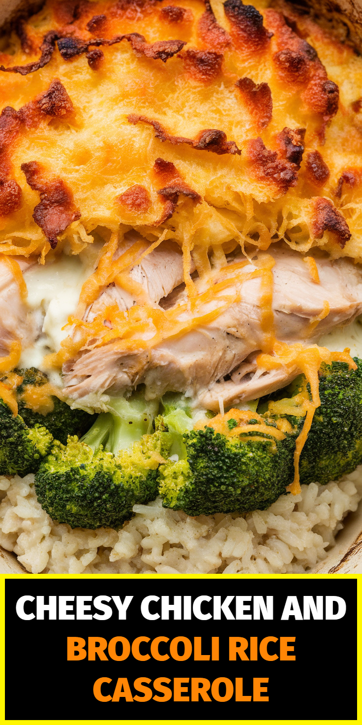 Pinterest Pin for Cheesy Chicken and Broccoli Rice Casserole