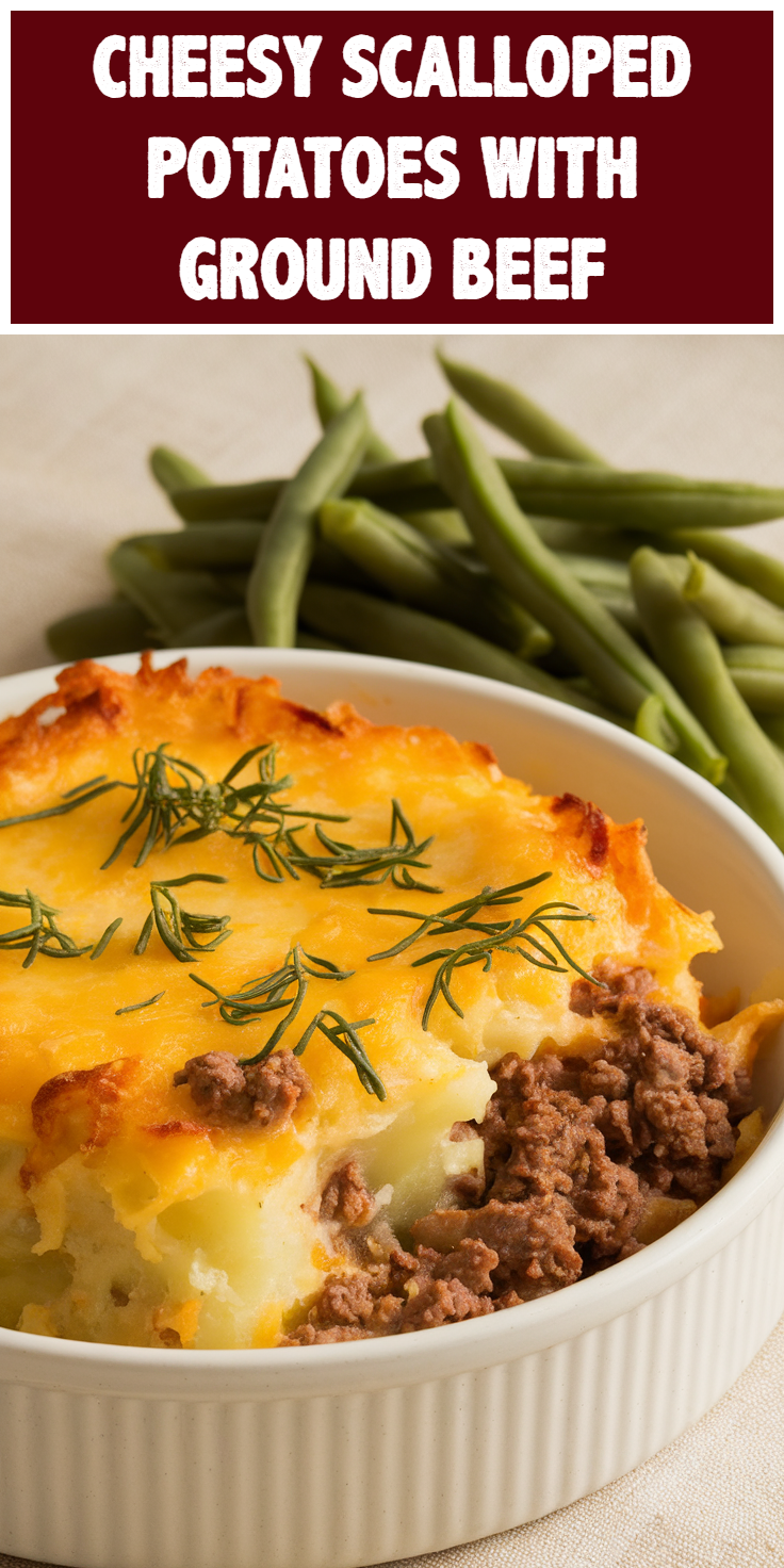 Pinterest Pin for Cheesy Scalloped Potatoes with Ground Beef