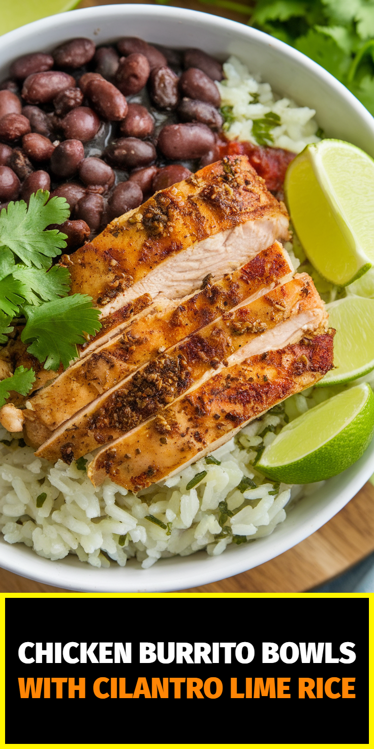 Pinterest Pin for Chicken Burrito Bowls with Cilantro Lime Rice