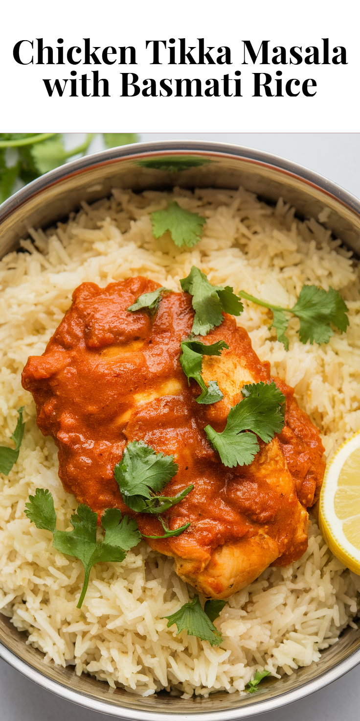 Pinterest Pin for Chicken Tikka Masala with Basmati Rice