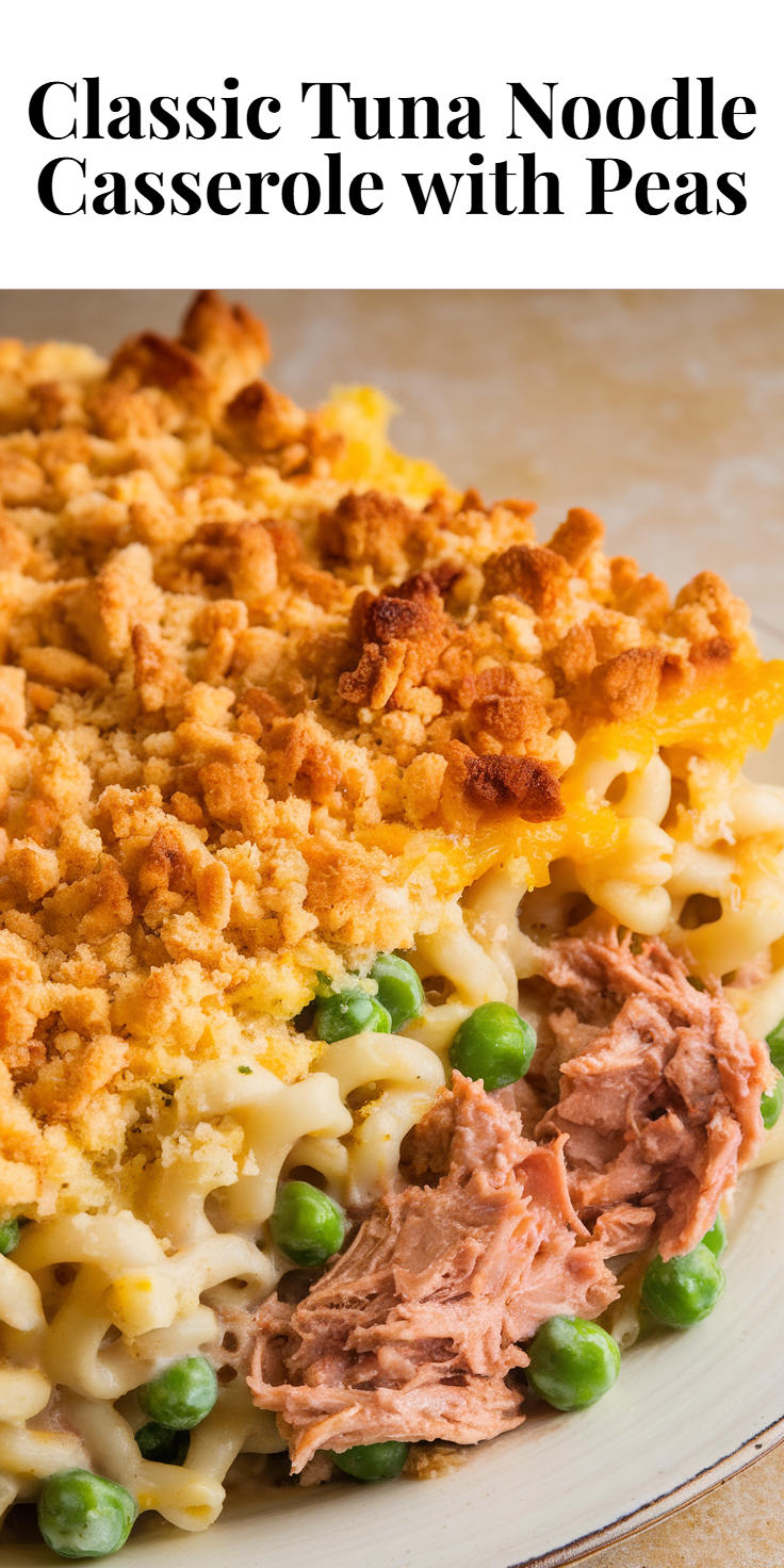 Pinterest Pin for Classic Tuna Noodle Casserole with Peas