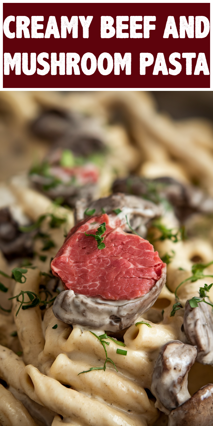 Pinterest Pin for Creamy Beef and Mushroom Pasta