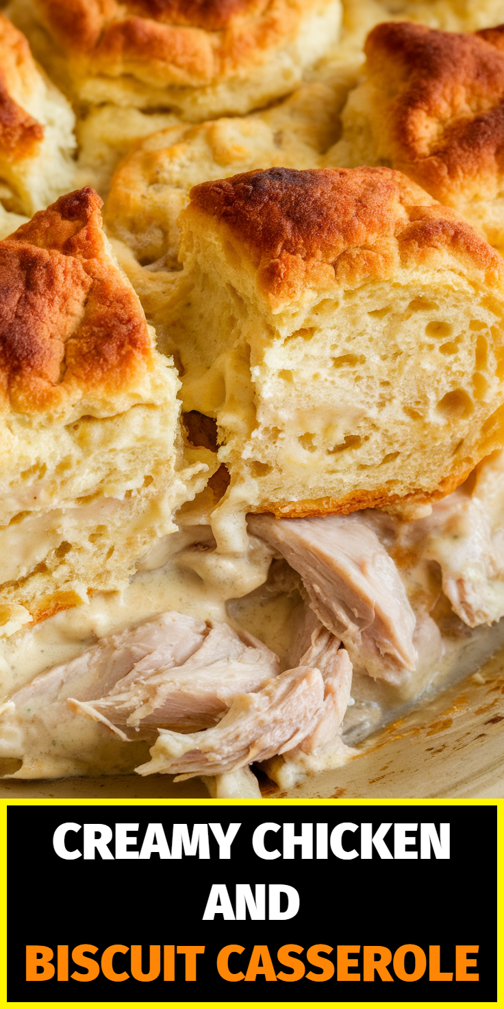 Pinterest Pin for Creamy Chicken and Biscuit Casserole