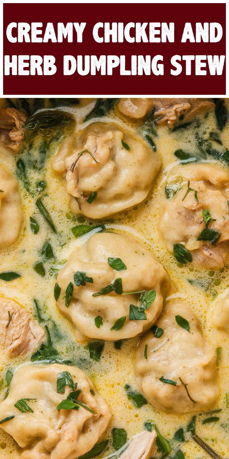 Pinterest Pin for Creamy Chicken and Herb Dumpling Stew