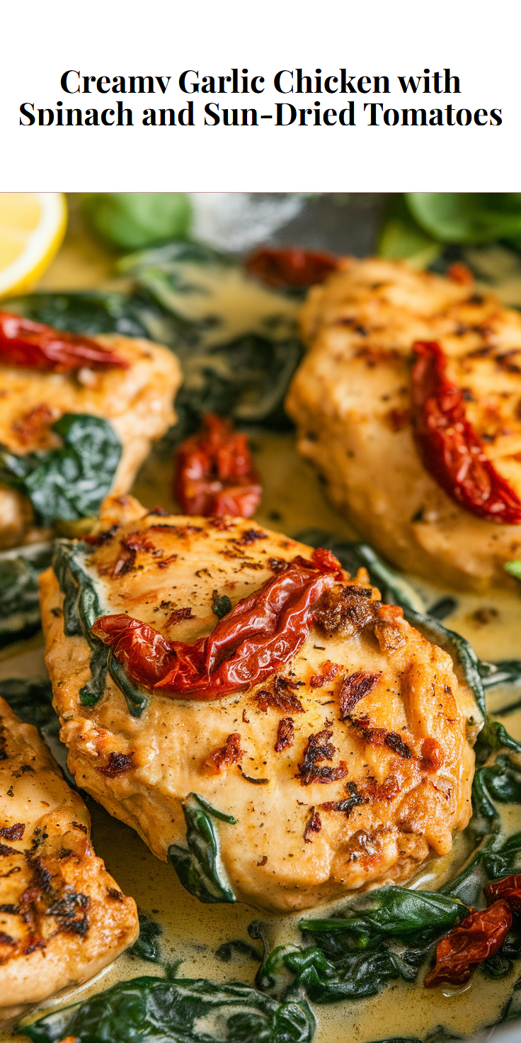 Pinterest Pin for Creamy Garlic Chicken with Spinach and Sun-Dried Tomatoes