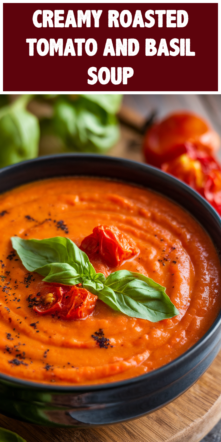 Pinterest Pin for Creamy Roasted Tomato and Basil Soup