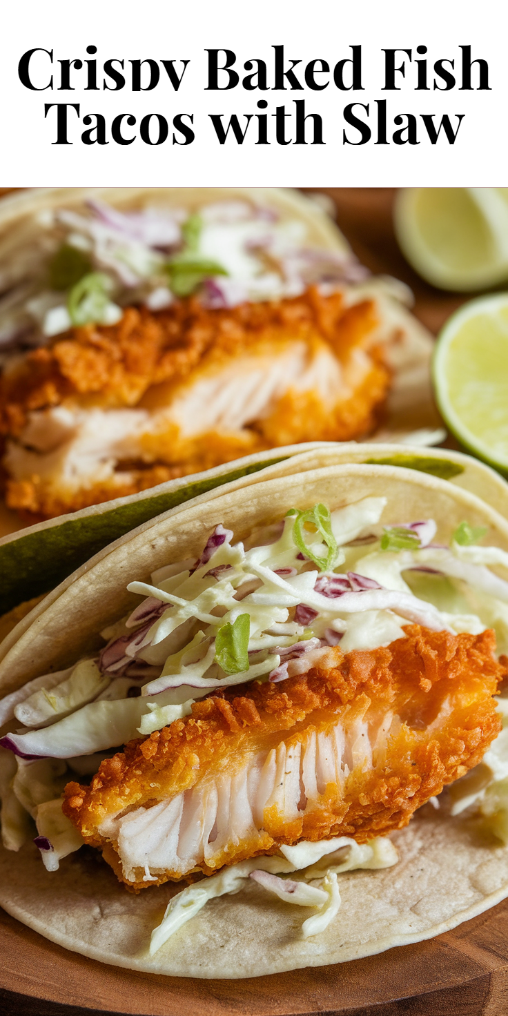 Pinterest Pin for Crispy Baked Fish Tacos with Slaw