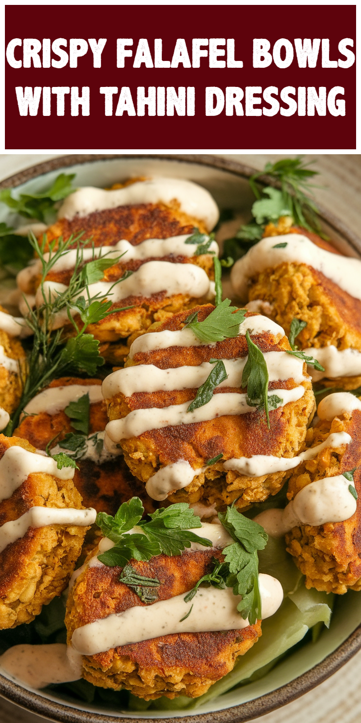 Pinterest Pin for Crispy Falafel Bowls with Tahini Dressing