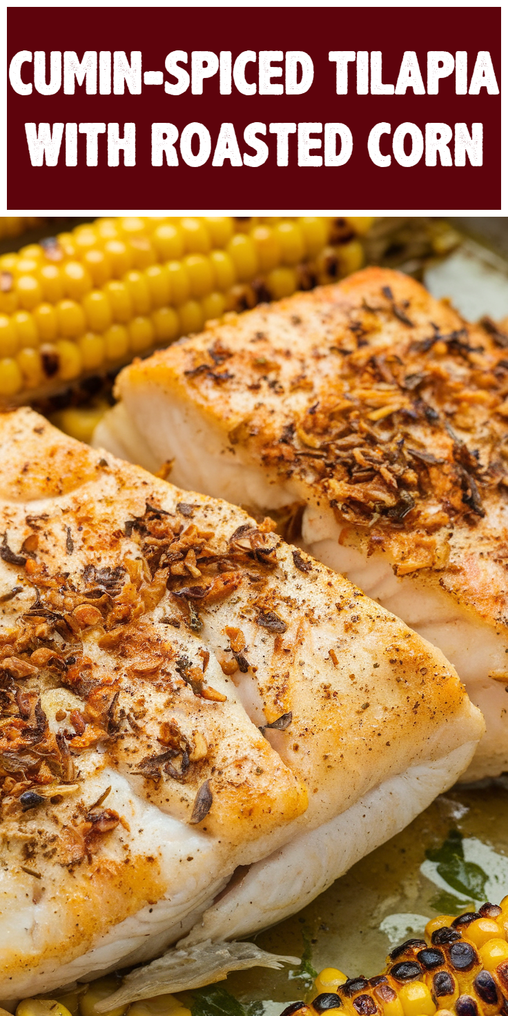 Pinterest Pin for Cumin-Spiced Tilapia with Roasted Corn