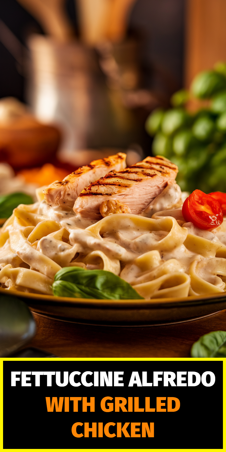 Pinterest Pin for Fettuccine Alfredo with Grilled Chicken