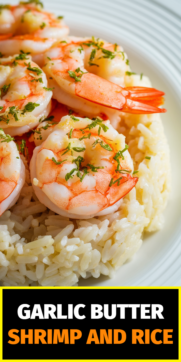 Pinterest Pin for Garlic Butter Shrimp and Rice