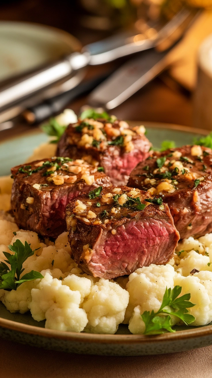 Garlic Butter Steak Bites with Cauliflower Mash