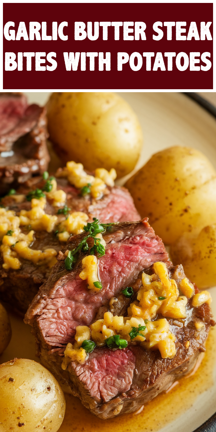 Pinterest Pin for Garlic Butter Steak Bites with Potatoes