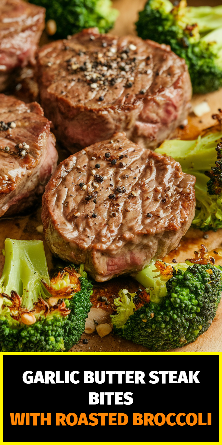 Pinterest Pin for Garlic Butter Steak Bites with Roasted Broccoli