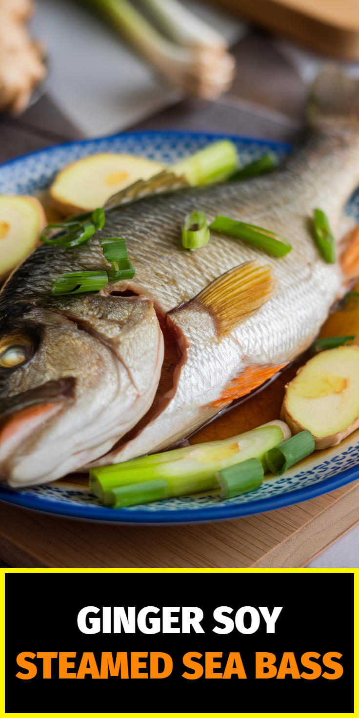 Pinterest Pin for Ginger Soy Steamed Sea Bass