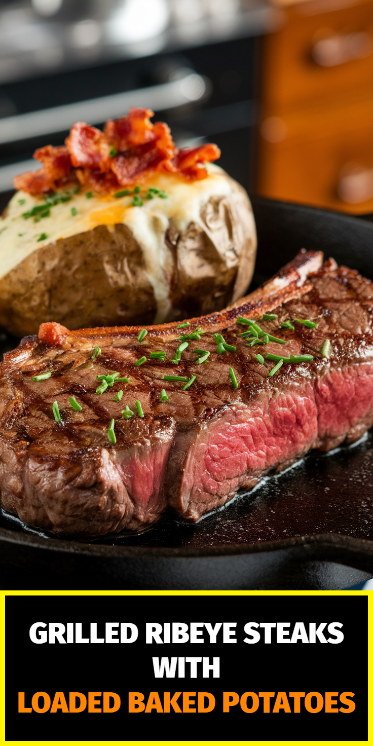 Pinterest Pin for Grilled Ribeye Steaks with Loaded Baked Potatoes