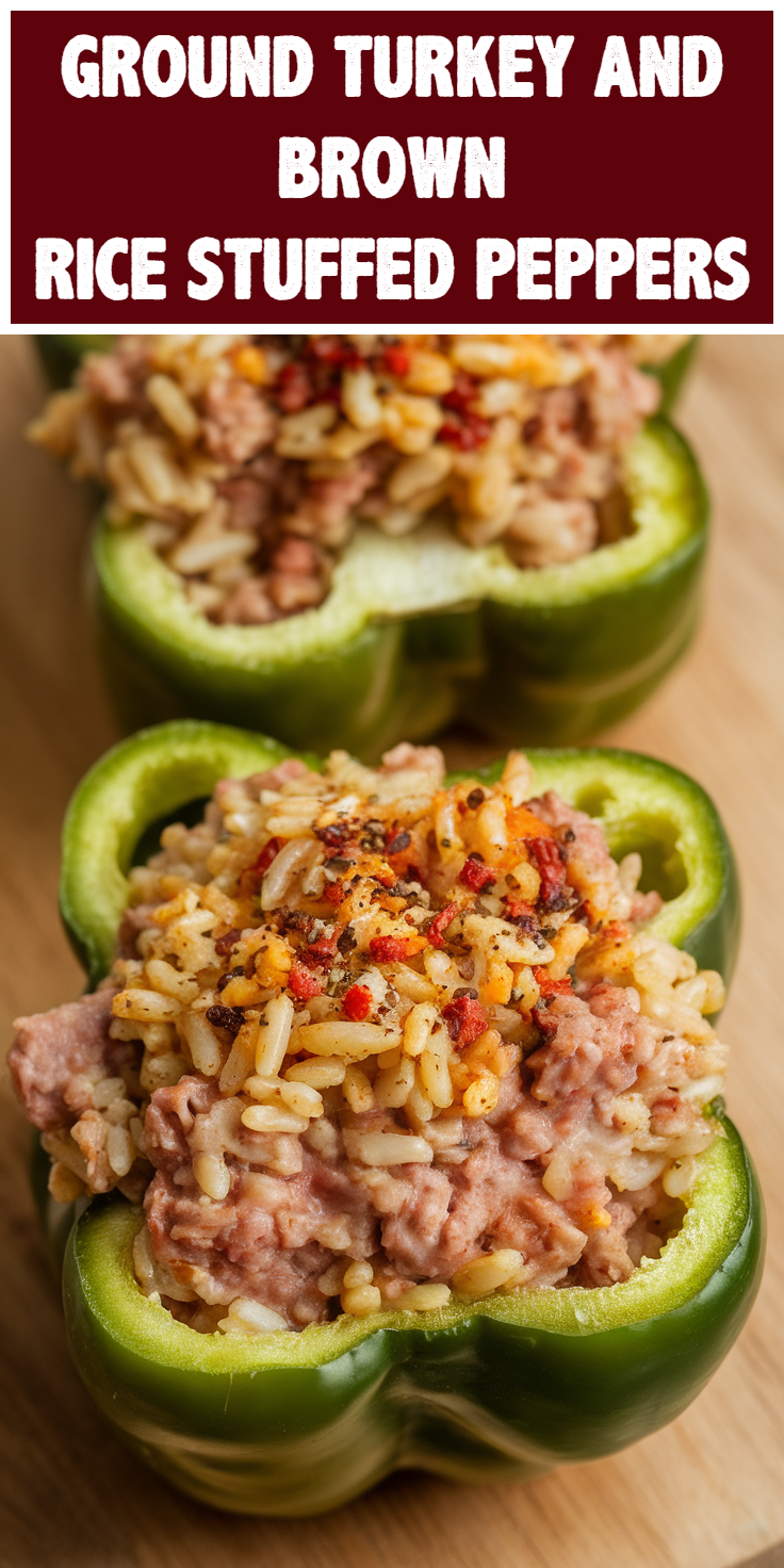 Pinterest Pin for Ground Turkey and Brown Rice Stuffed Peppers