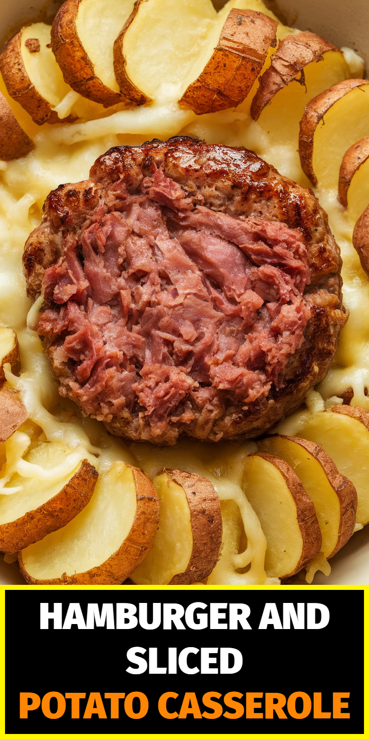 Pinterest Pin for Hamburger and Sliced Potato Casserole