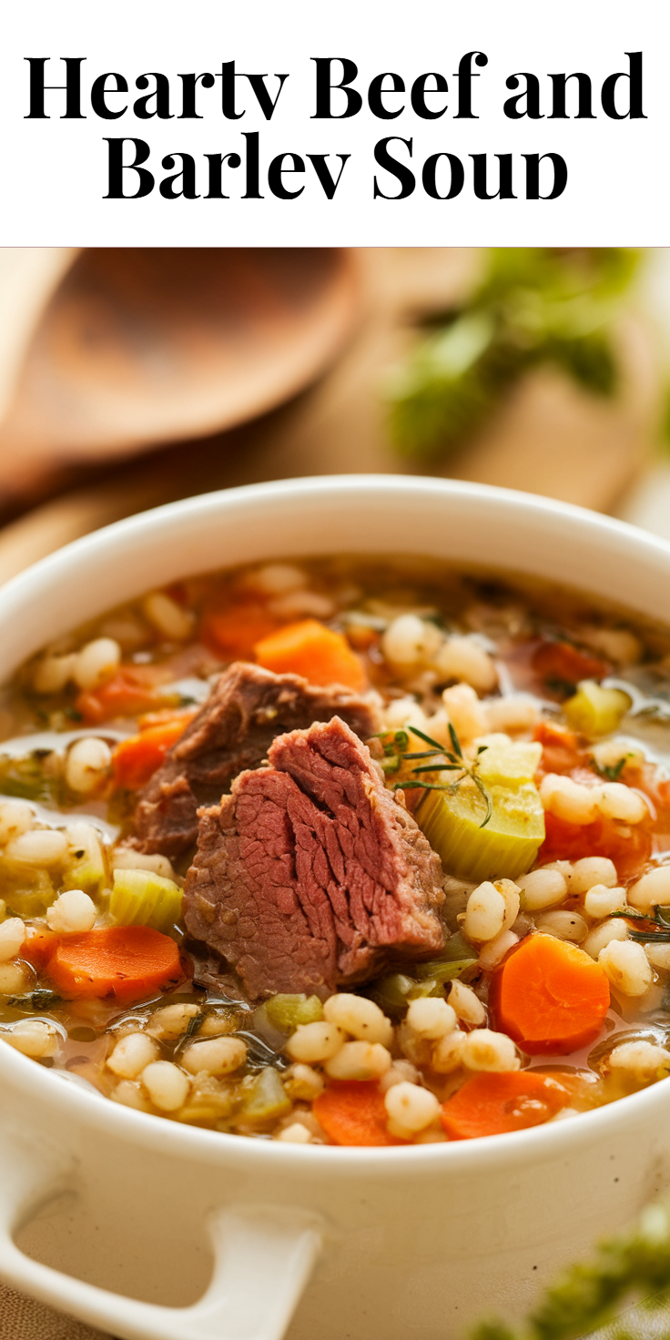 Pinterest Pin for Hearty Beef and Barley Soup