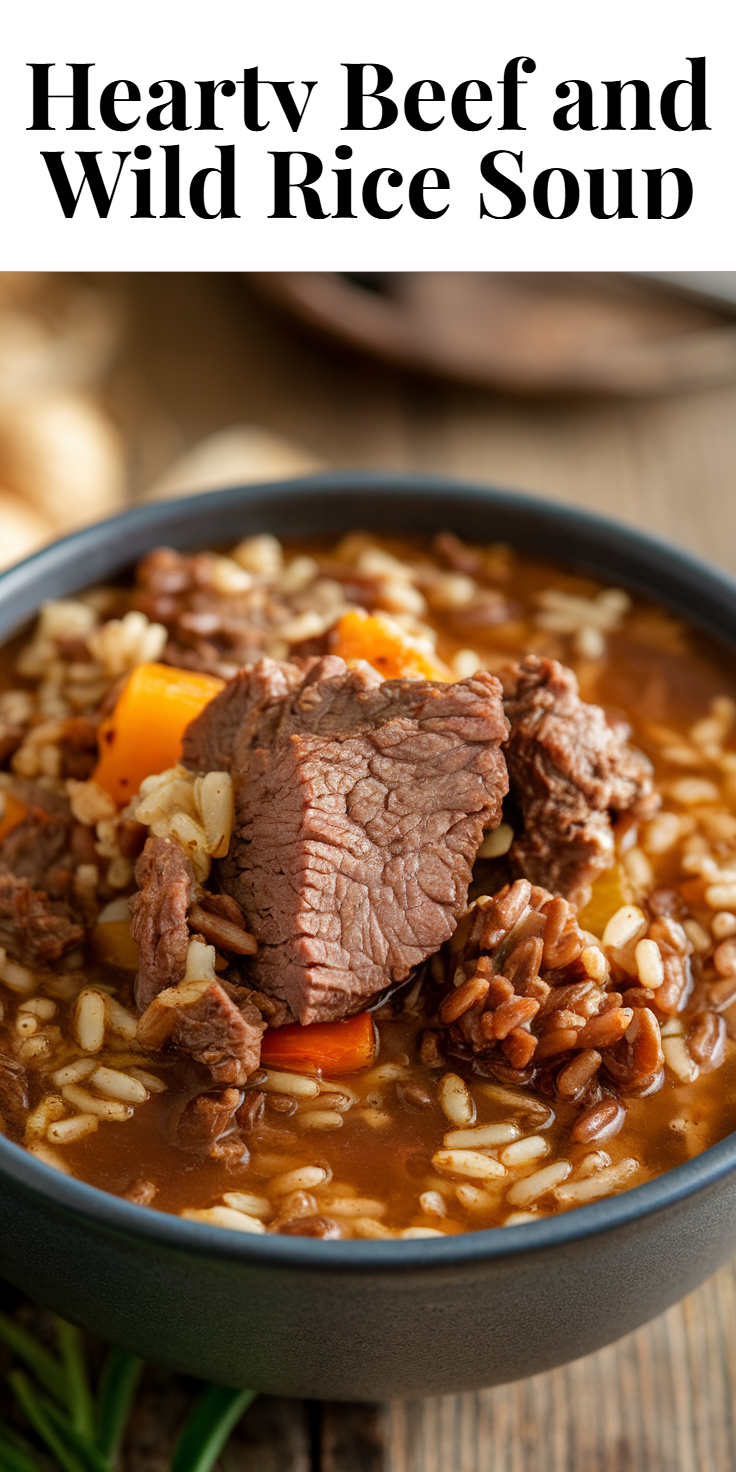 Pinterest Pin for Hearty Beef and Wild Rice Soup