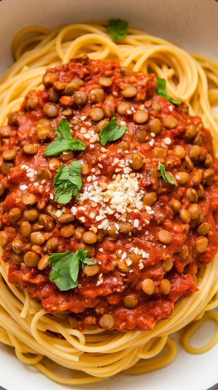 Hearty Lentil Bolognese over Spaghetti