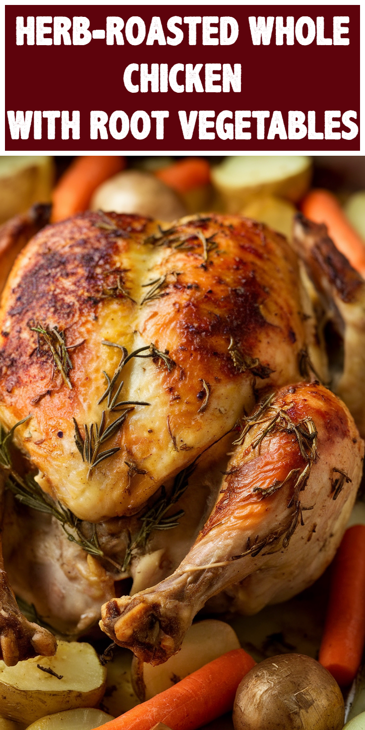 Pinterest Pin for Herb-Roasted Whole Chicken with Root Vegetables