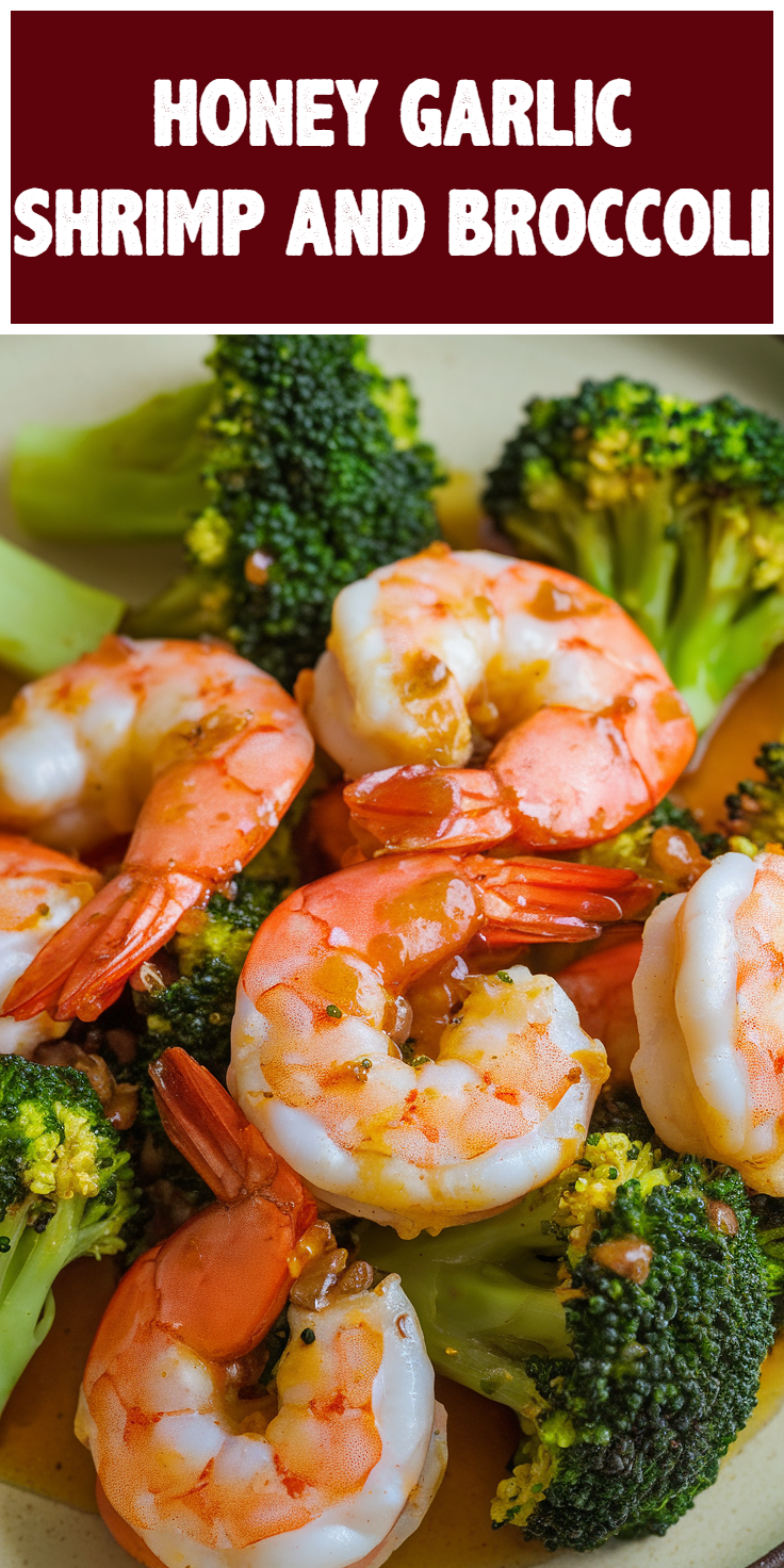 Pinterest Pin for Honey Garlic Shrimp and Broccoli