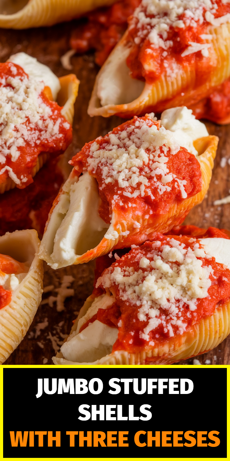 Pinterest Pin for Jumbo Stuffed Shells with Three Cheeses