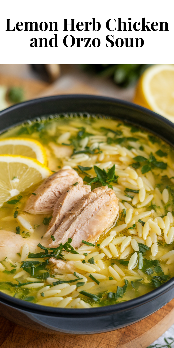 Pinterest Pin for Lemon Herb Chicken and Orzo Soup