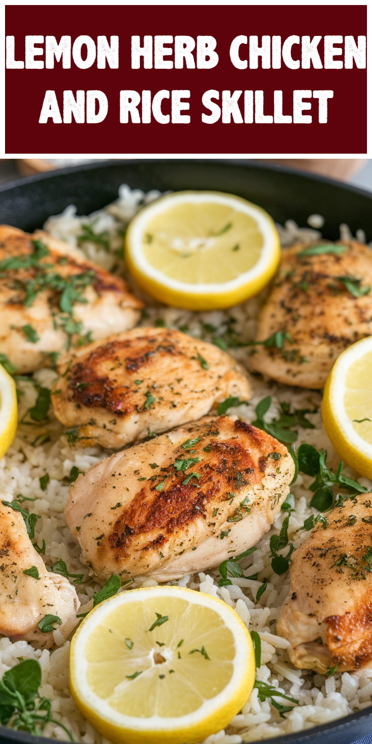 Pinterest Pin for Lemon Herb Chicken and Rice Skillet