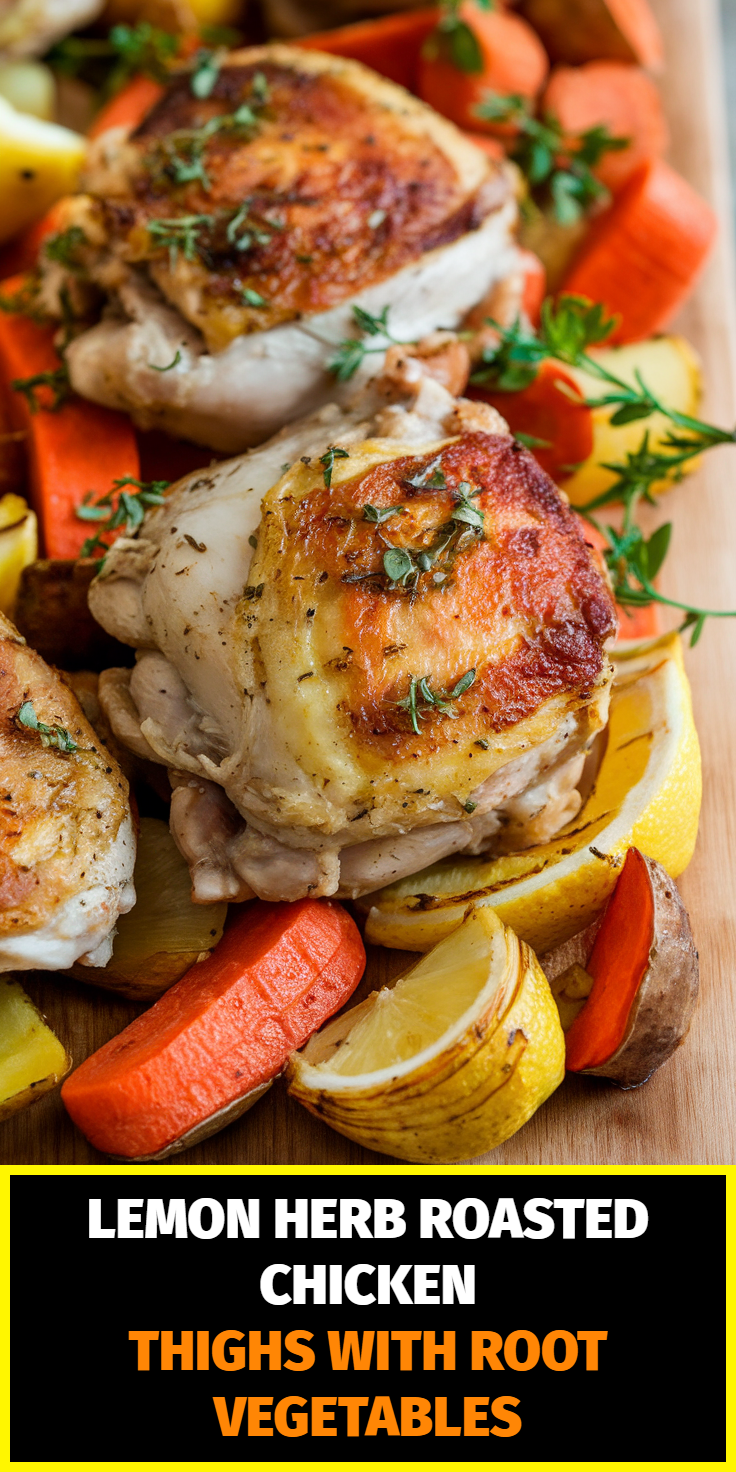 Pinterest Pin for Lemon Herb Roasted Chicken Thighs with Root Vegetables
