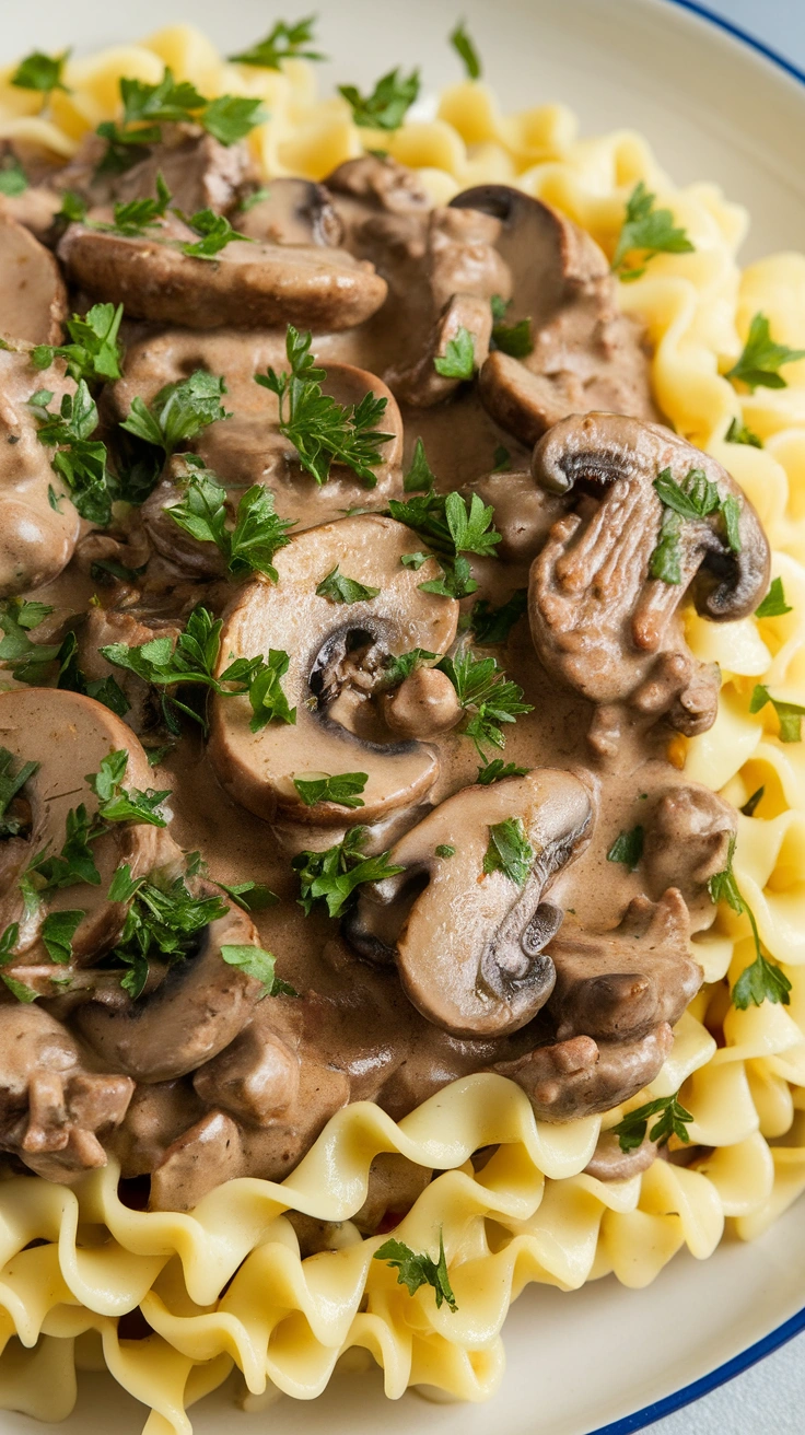 Mushroom and Beef Stroganoff over Egg Noodles