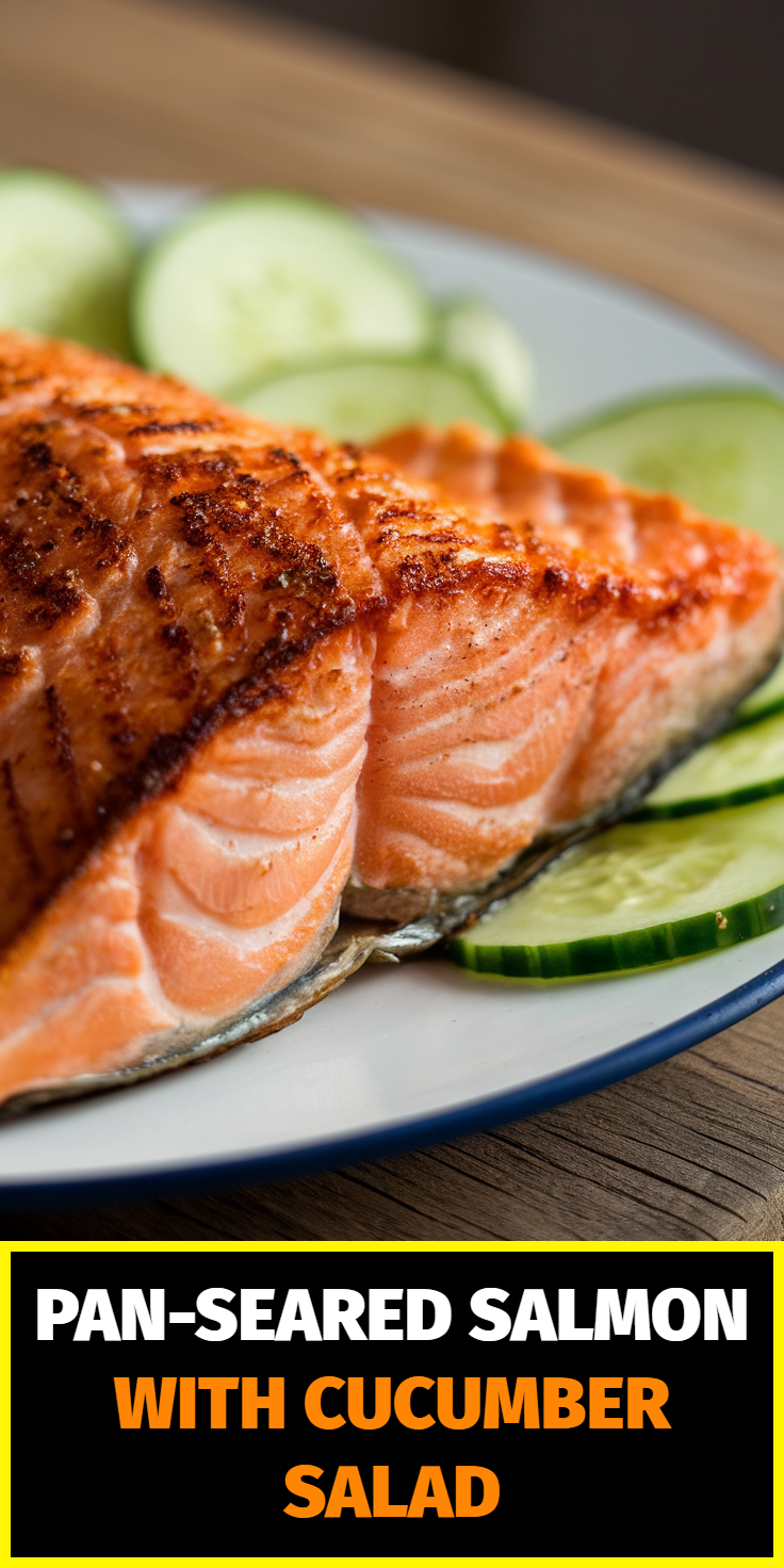 Pinterest Pin for Pan-Seared Salmon with Cucumber Salad