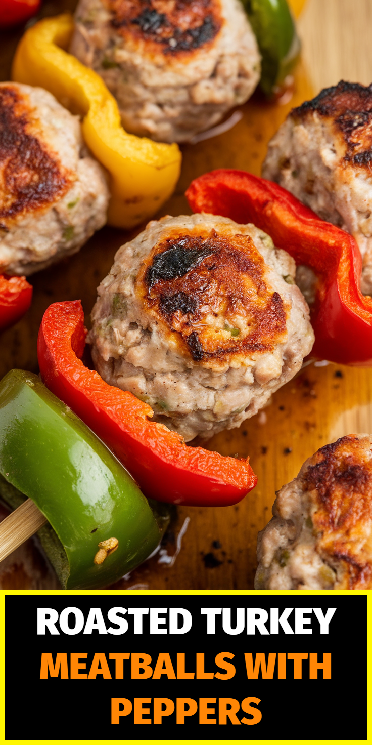 Pinterest Pin for Roasted Turkey Meatballs with Peppers