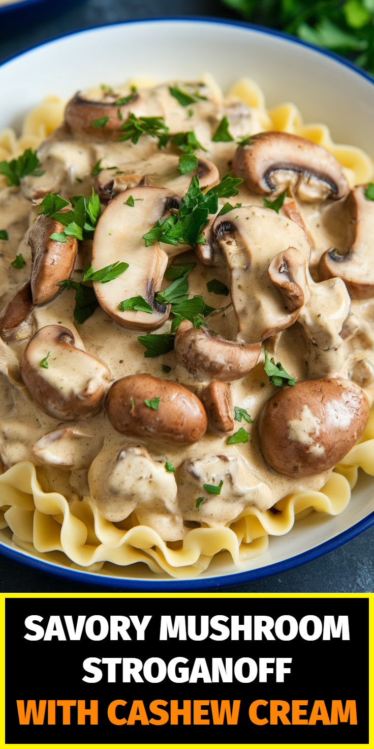 Pinterest Pin for Savory Mushroom Stroganoff with Cashew Cream