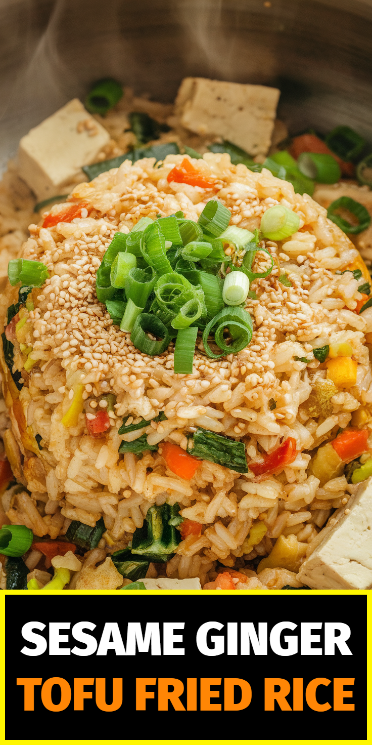 Pinterest Pin for Sesame Ginger Tofu Fried Rice
