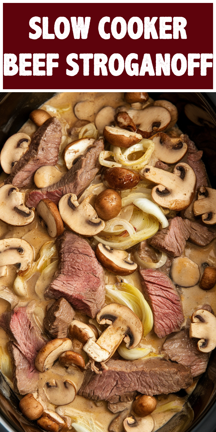 Pinterest Pin for Slow Cooker Beef Stroganoff