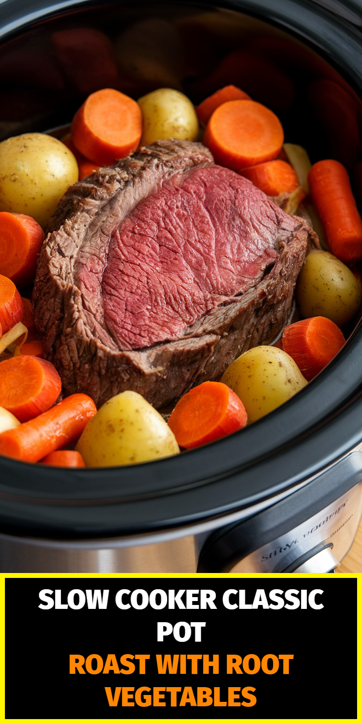 Pinterest Pin for Slow Cooker Classic Pot Roast with Root Vegetables
