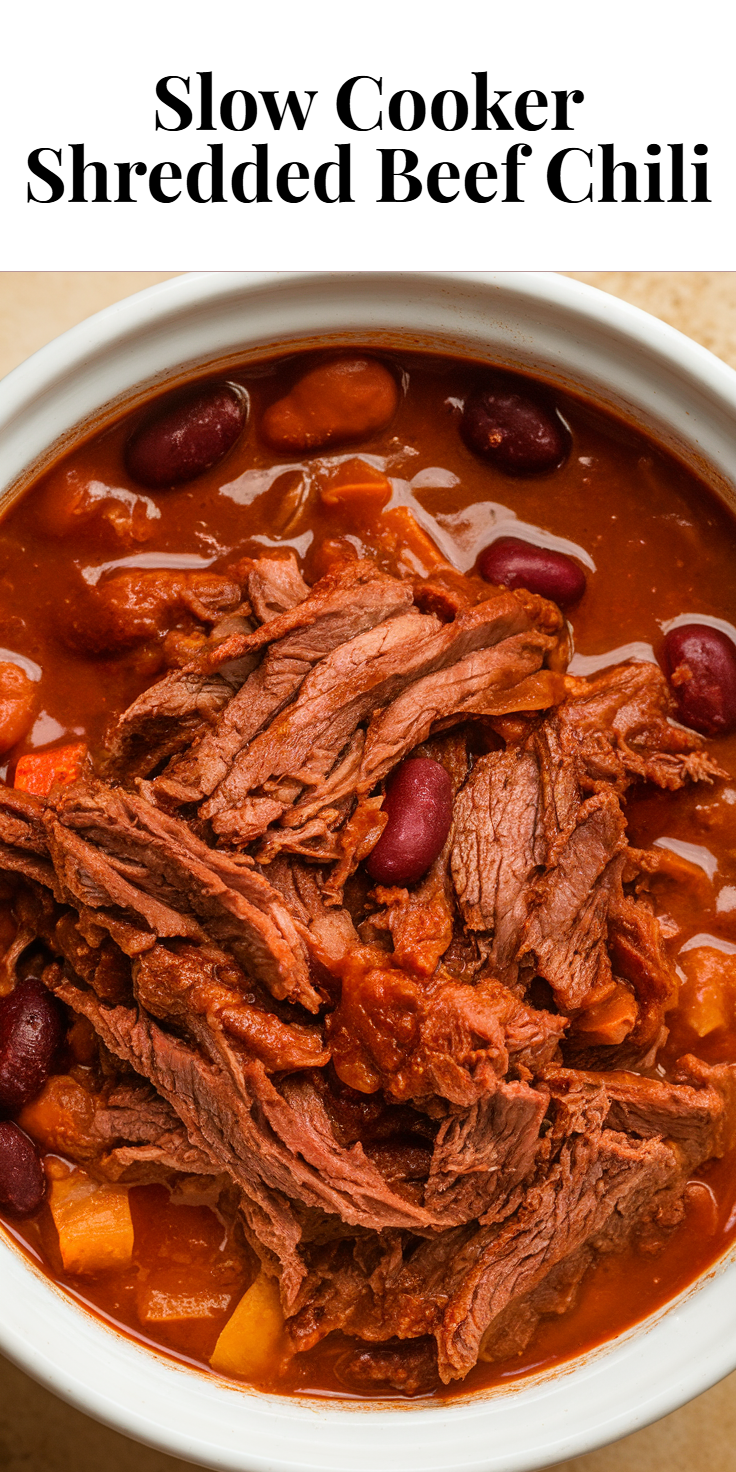 Pinterest Pin for Slow Cooker Shredded Beef Chili