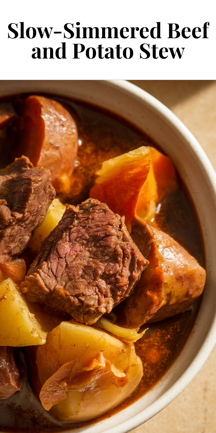 Pinterest Pin for Slow-Simmered Beef and Potato Stew