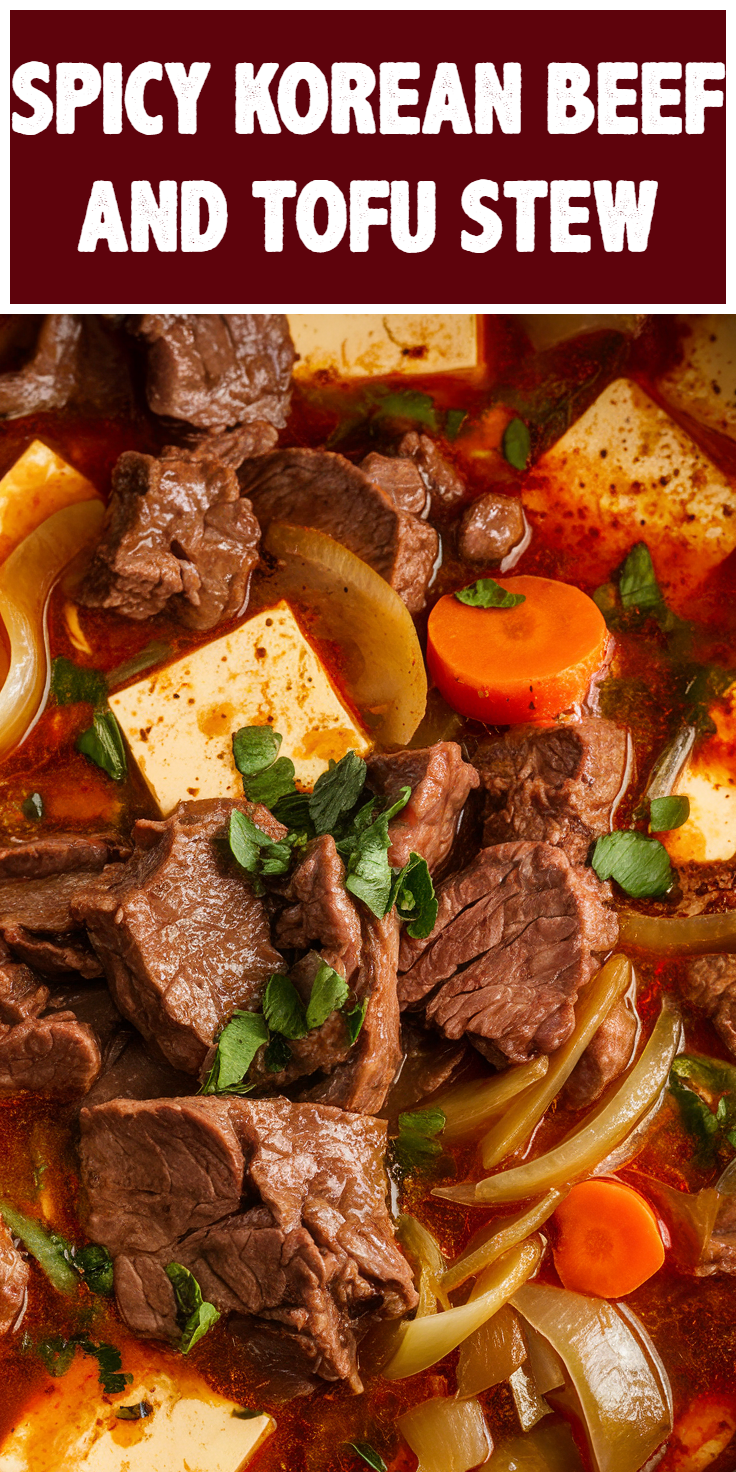 Pinterest Pin for Spicy Korean Beef and Tofu Stew